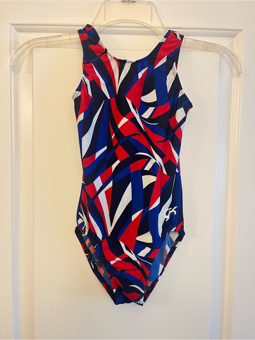 GK Girls USA July 4th Patriotic Gymnastics Leotard Red, White & Blue Geo Med